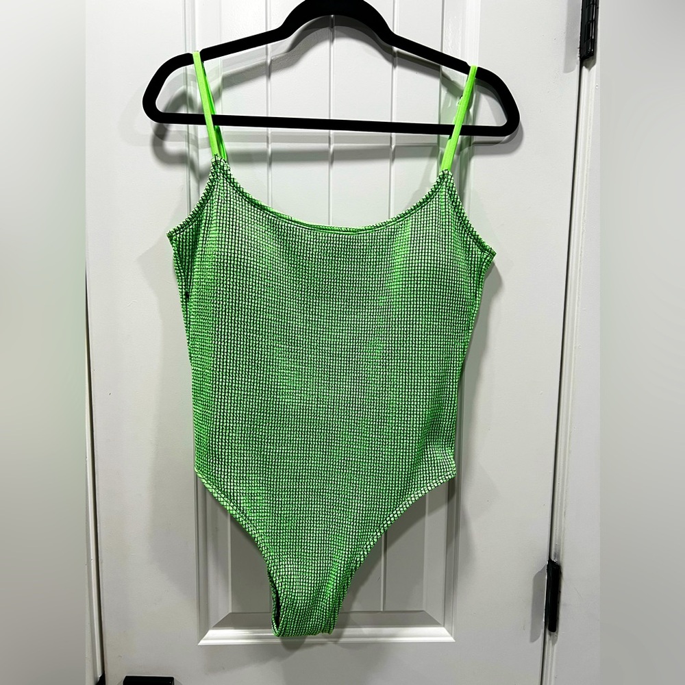 Cotton On Thin Strap Low Scoop One Piece Cheeky Neon Green Swimwear Size L.